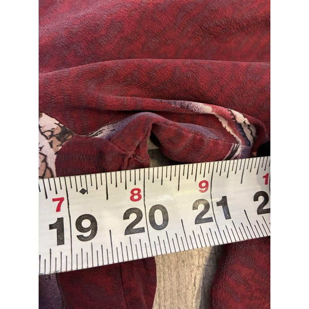 WAREHOUSE 100% Silk Blouse UK 12 US 8 Burgundy Neck Bow Flying Bird Print - Picture 5 of 7
